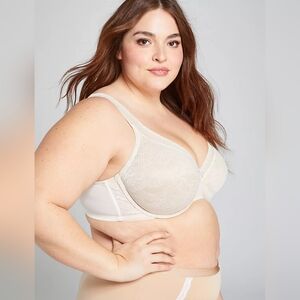 Sz 38J Nude Cacique Modern Lace Covered Bra Full Coverage Underwire Unlined Bra